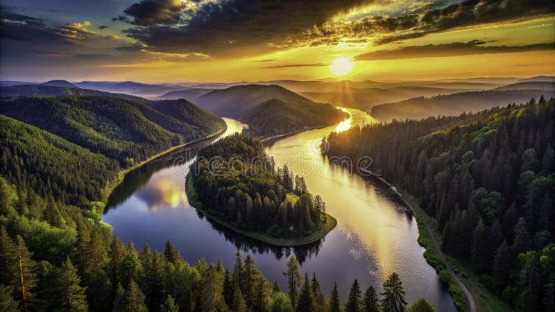 Vue aérienne spectaculaire de la rivière Yenisei qui serpente à travers la forêt de conifères de Sibérie près de Krasnoïarsk Un dr illustration de vecteur