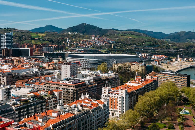 Aerial drone view of Bilbao City Centre including San Mames stadium, home of Atletico Bilbao. Aerial drone view of Bilbao City Centre including San Mames stadium, home of Atletico Bilbao.