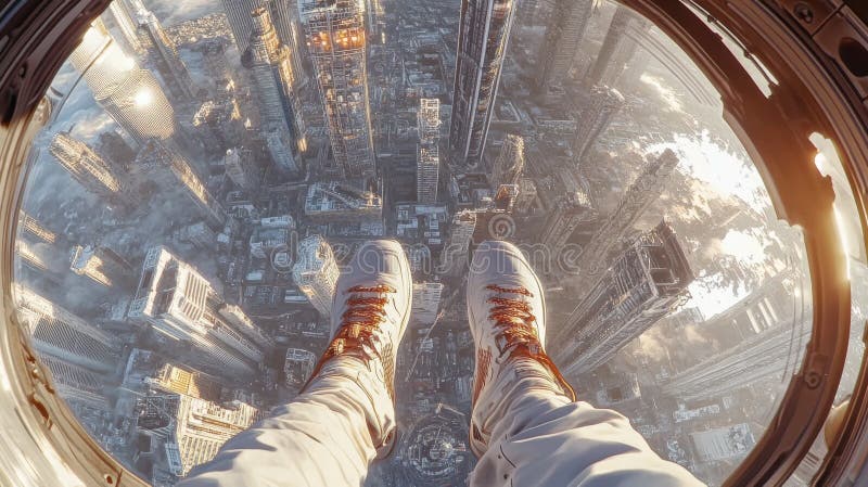 Vue aérienne époustouflante de la ville d'en haut avec des pieds de personnes pendants capturant des gratte-ciel urbains illustration stock