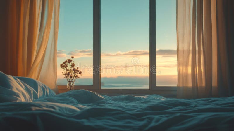 Vue calme sur le lever du soleil depuis une fenêtre confortable de chambre illustration de vecteur