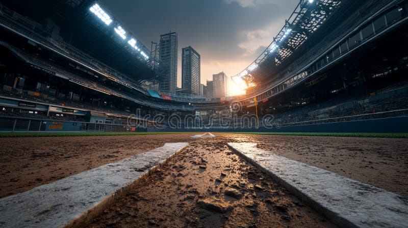 Vue Captivante d'un Stade de Baseball Vide au Coucher du Soleil avec des Éléments de Design Épurés illustration libre de droits