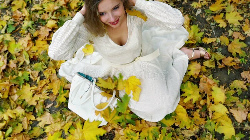 Vue d'en haut de l'automne de la jeune fille à la mode dans le style lyrique clips vidéos