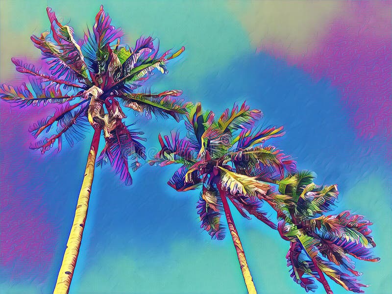 Blue sky view with coco palm trees. Digital illustration of palm tree crowns. Exotic landscape picture. Palm tree silhouettes under sunlight. Exotic island fantastic image for wallpaper, poster, card. Blue sky view with coco palm trees. Digital illustration of palm tree crowns. Exotic landscape picture. Palm tree silhouettes under sunlight. Exotic island fantastic image for wallpaper, poster, card