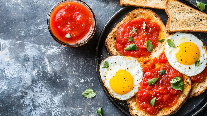 Vue de dessus des oeufs au plat et de la sauce tomate sur le toast avec un bol de sauce tomate sur une surface sombre illustration stock