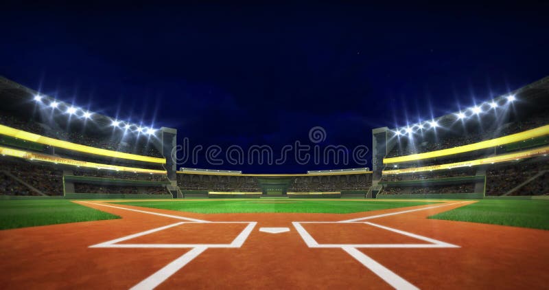 Vue de diamant d'intra-champ de stade de base-ball illuminée la nuit