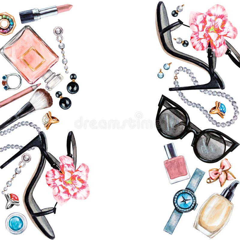 Vue de divers accessoires de femelle d'aquarelle Produits de maquillage illustration de vecteur Vue de divers accessoires de femelle d'aquarelle Produits de maquillage illustration de vecteur