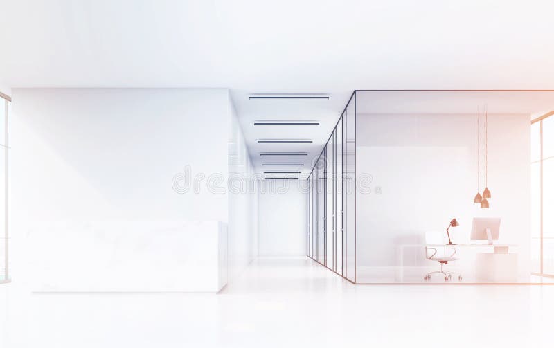 Vue de face d'un hall de bureau avec un compteur de marbre de réception et d'un bureau avec les meubles et les murs de verre blan illustration stock Vue de face d'un hall de bureau avec un compteur de marbre de réception et d'un bureau avec les meubles et les murs de verre blan illustration stock