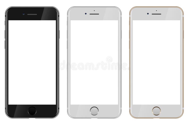Vue de face de noir, de blanc et d'iPhone 7 d'Apple d'or avec le wh vide illustration stock Vue de face de noir, de blanc et d'iPhone 7 d'Apple d'or avec le wh vide illustration stock