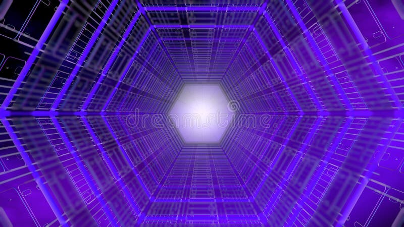 Vue de face de fond futuriste d'un tunnel avec la structure hexagonale de forme de pourpre et de bleu avec la lumière blanche à l illustration stock Vue de face de fond futuriste d'un tunnel avec la structure hexagonale de forme de pourpre et de bleu avec la lumière blanche à l illustration stock