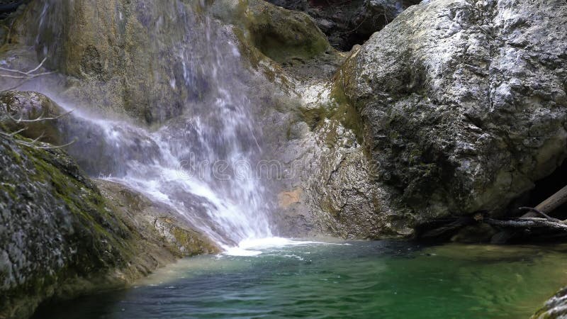 Vue de face sur la cascade sur la petite rivière de montagne entrant dans le lit de la rivière pierreux couvert de la mousse Eau clips vidéos