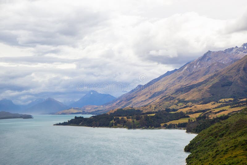 northern end of Lake Wakatipu in the South Island region of Otago, New Zealand. northern end of Lake Wakatipu in the South Island region of Otago, New Zealand
