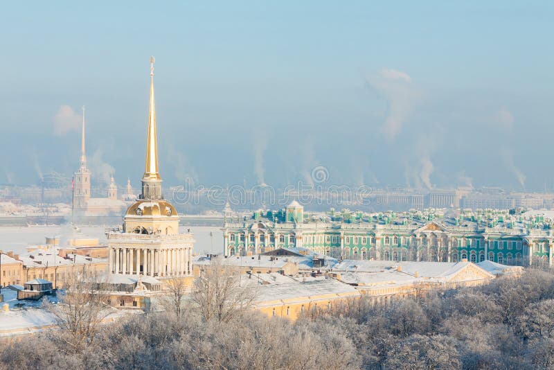 Admiralty, Hermitage Peter and Paul Fortress in winter. View from St. Isaac's Cathedral, St. Petersburg, Russia. Admiralty, Hermitage Peter and Paul Fortress in winter. View from St. Isaac's Cathedral, St. Petersburg, Russia