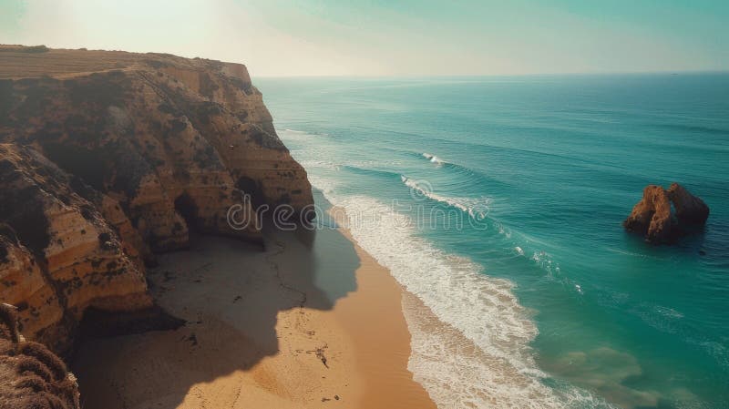 Rugged shoreline featuring a towering cliff overlooking the expanse of the ocean and sandy beach below AI generated. Rugged shoreline featuring a towering cliff overlooking the expanse of the ocean and sandy beach below AI generated