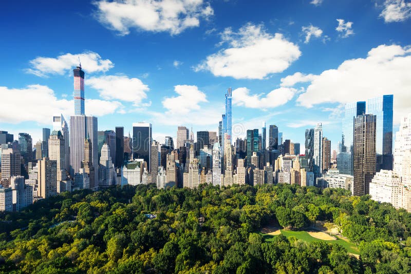 Vue de New York City - de Central Park vers Manhattan avec le parc au jour ensoleillé - vue étonnante d'oiseaux