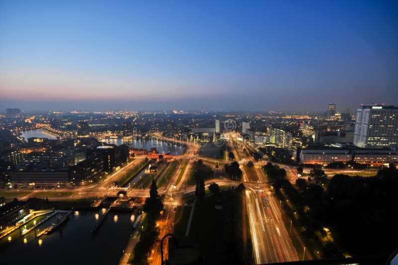 Rotterdam night aerial view to city skyline. Rotterdam night aerial view to city skyline