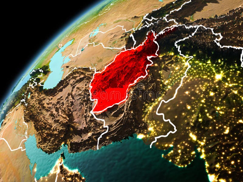 Vue de soirée de l'Afghanistan sur terre. Illustration de l'Afghanistan comme vu de l'orbite d'Earth’s dans fin de soirée avec les lignes de frontière et les lumières visibles de ville illustration 3D Éléments de cette image meublés par la NASA