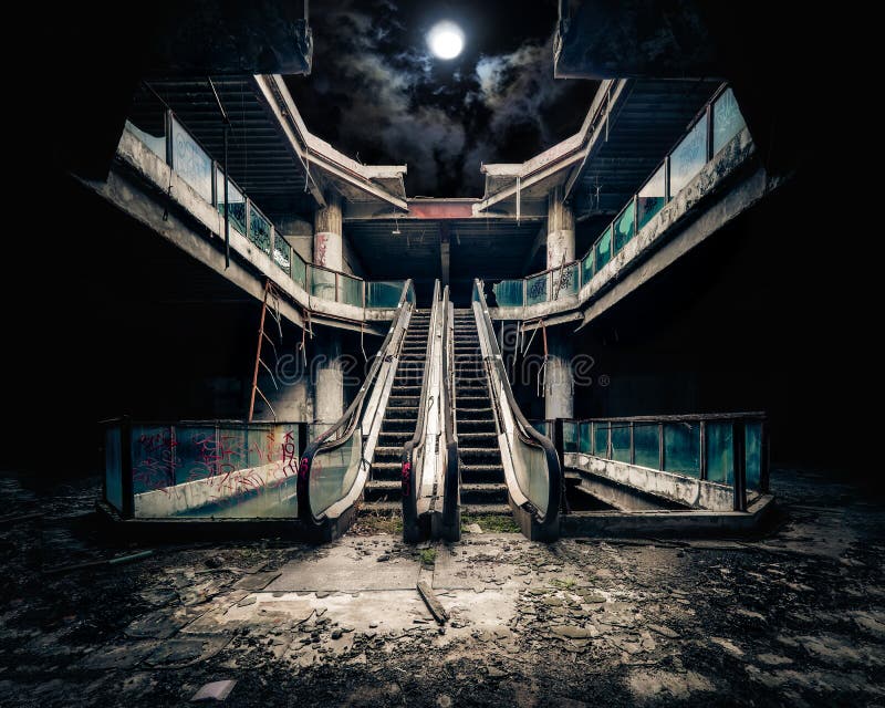 Dramatic view of damaged escalators in abandoned building. Full moon shining on cloudy night sky through collapsed roof. Apocalyptic and evil concept. Dramatic view of damaged escalators in abandoned building. Full moon shining on cloudy night sky through collapsed roof. Apocalyptic and evil concept