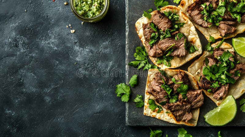 Vue du dessus des tacos de steak avec cilantro et haies sur une surface texturée foncée avec sauce verte illustration de vecteur