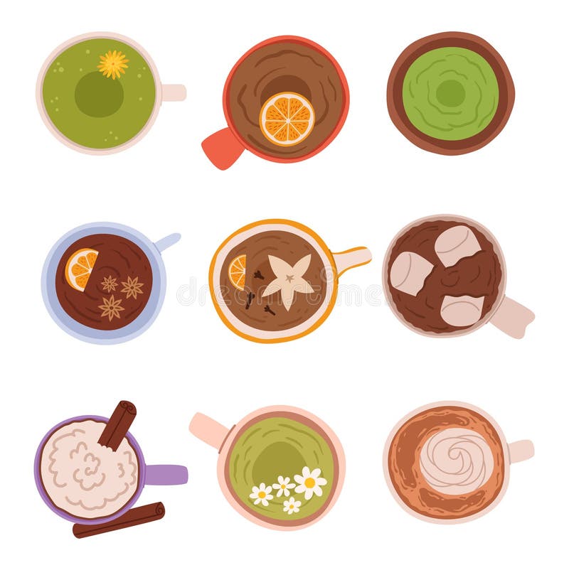 Vue du haut de la verrerie exquise remplie de boissons vibrantes symphonie colorée dans des tasses douillettes prometteuses rafraî illustration de vecteur
