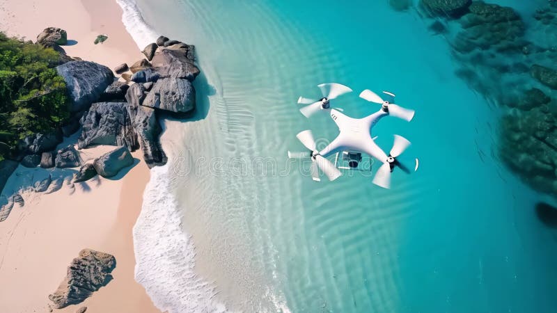 Vue du haut du drone avec caméra survolant la plage tropicale estivale avec eau bleue illustration stock