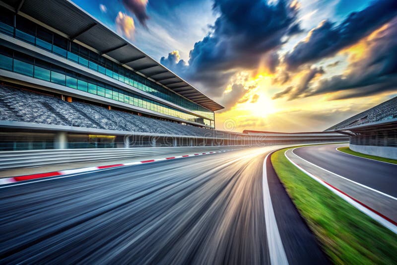 Vue dynamique d'une voiture de course sur une courbe d'un circuit high-tech sous ciel coloré illustration libre de droits
