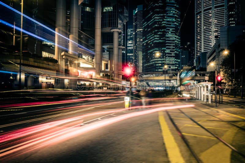 Vue futuriste de paysage urbain de nuit Hon Kong photographie stock Vue futuriste de paysage urbain de nuit Hon Kong photographie stock
