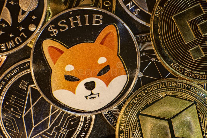 Vue horizontale des jetons crypto-monnaie, y compris shib ada cardano bitcoin stellar lumen xpr bnb binance pièce image stock