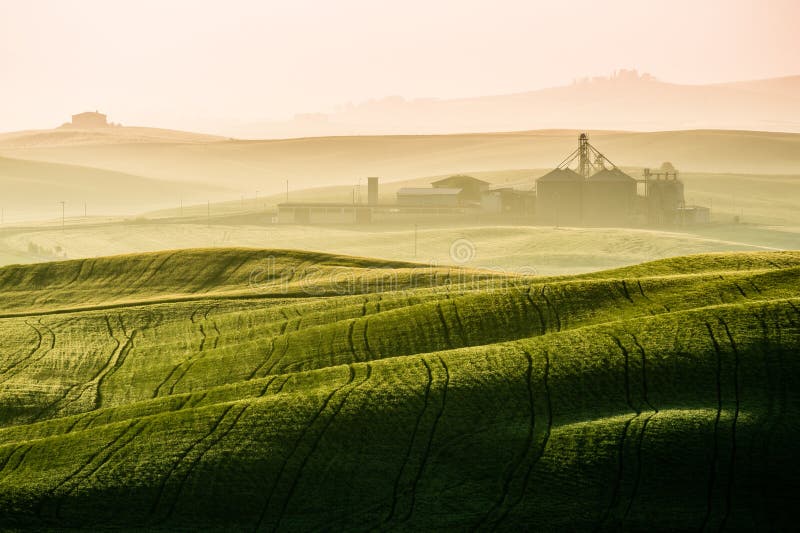 Vue idyllique des terres cultivables accidentées en Toscane photo stock Vue idyllique des terres cultivables accidentées en Toscane photo stock