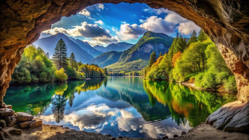 Vue imprenable depuis une grotte cachée un lac de montagne serein reflétant un ciel bleu brumeux illustration de vecteur