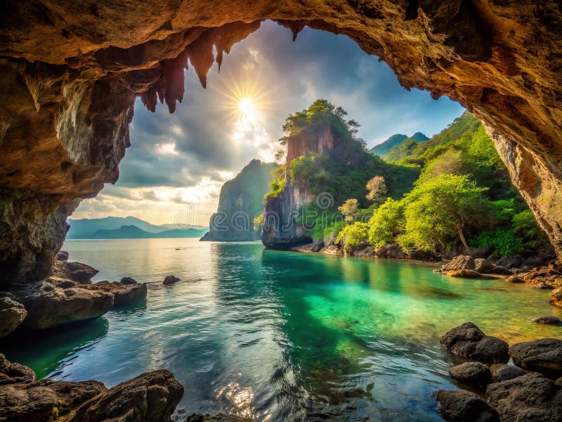 Vue imprenable sur la côte thaïlandaise depuis la grotte de montagne un paysage spectaculaire illustration stock