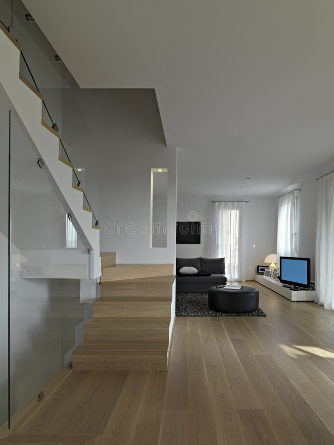 Vue intérieure de salon moderne avec l'escalier photos stock Vue intérieure de salon moderne avec l'escalier photos stock