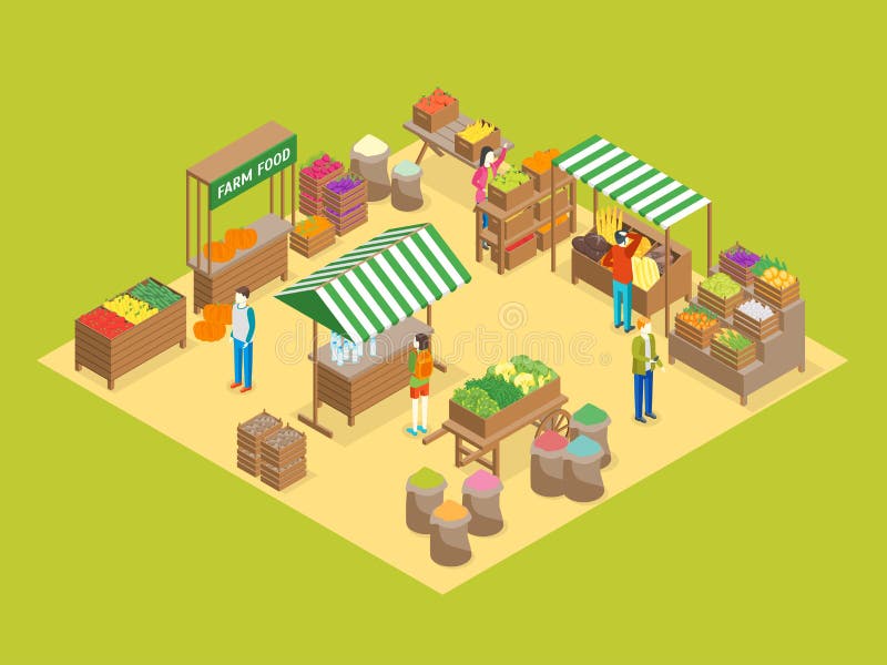 Vue isométrique locale du concept 3d du marché de ferme Vecteur illustration de vecteur Vue isométrique locale du concept 3d du marché de ferme Vecteur illustration de vecteur
