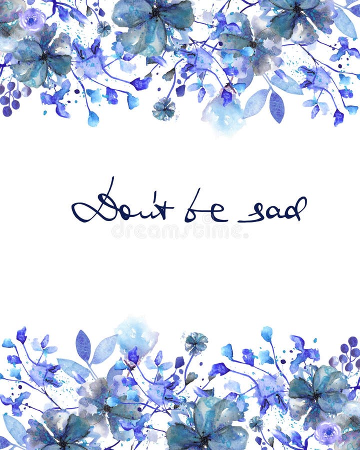 Vue la frontière, le calibre pour la carte postale avec les fleurs bleu-foncé et les branches avec les feuilles bleues peintes da illustration libre de droits Vue la frontière, le calibre pour la carte postale avec les fleurs bleu-foncé et les branches avec les feuilles bleues peintes da illustration libre de droits