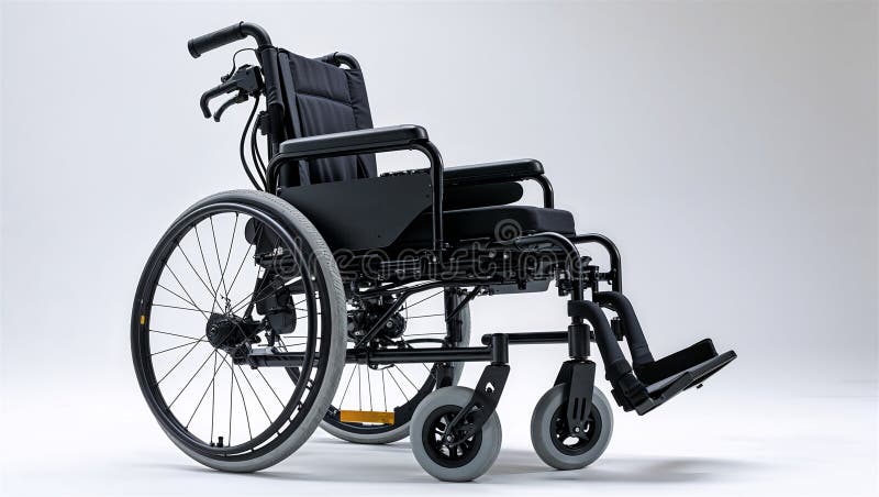 Vue latérale d'un fauteuil roulant motorisé avec boîtier arrière sur fond blanc illustration stock