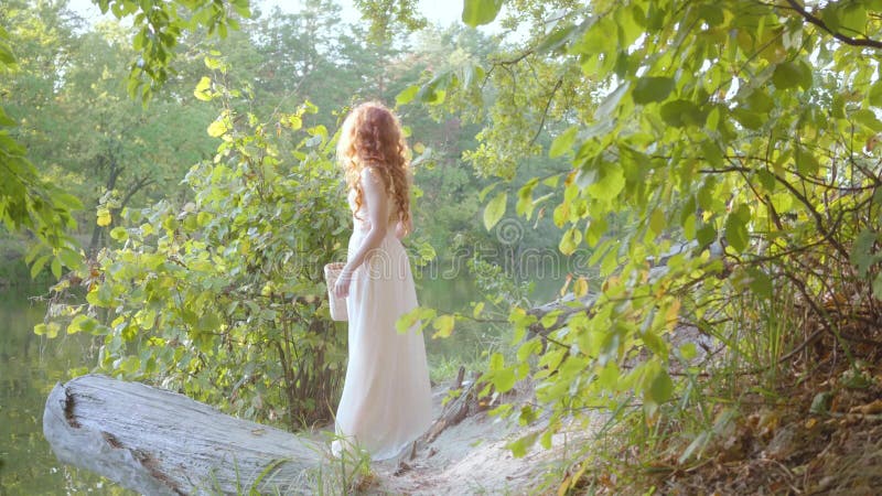 Vue latérale d'une jeune élégante femme en robe blanche claire, debout dans la forêt d'automne avec un panier de paille Fairytale banque de vidéos