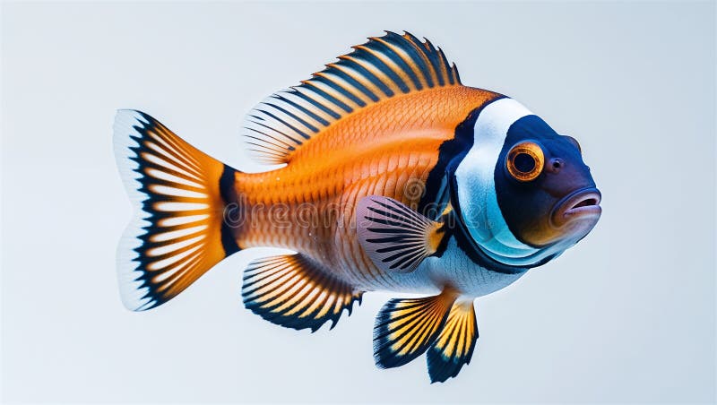 Vue latérale de jeunes poissons clowns nageant avec des nageoires étalées et la queue visible sur blanc illustration stock