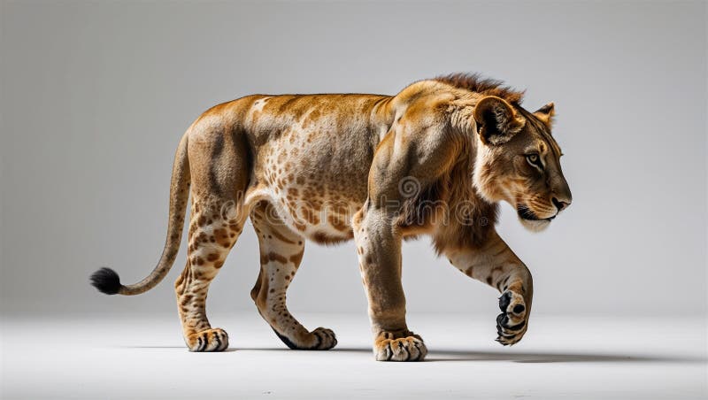 Vue latérale de la lionne marchant vers l'avant avec la queue basse et les yeux concentrés sur le blanc illustration libre de droits