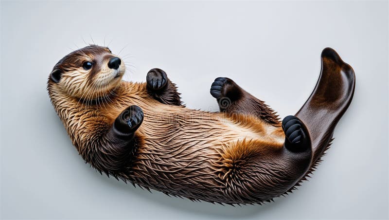 Vue latérale de la loutre de mer adulte flottant sur le dos avec des pattes vers le haut et la queue étendue sur le blanc illustration libre de droits