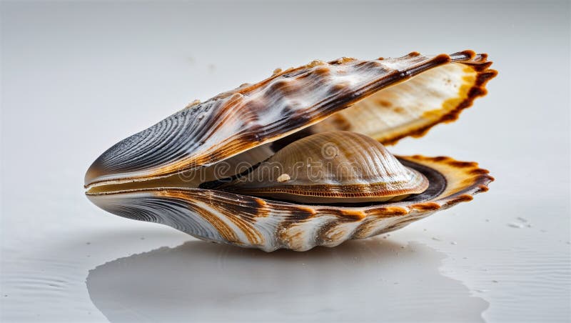 Vue latérale de la moule d'eau douce avec coquille légèrement ouverte sur le pied rétractée sur blanc illustration libre de droits
