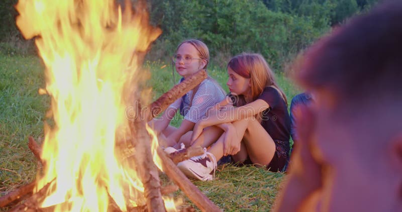 Vue latérale des enfants assis sur le sol près de la cheminée feu. groupe d'enfants voyageant ensemble randonnée banque de vidéos
