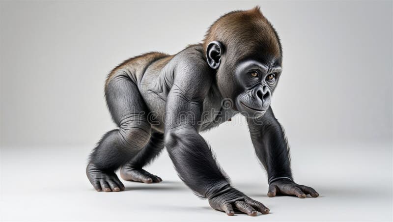 Vue latérale du bébé gorille rampant avec une main vers l'avant plein corps montré sur blanc illustration de vecteur