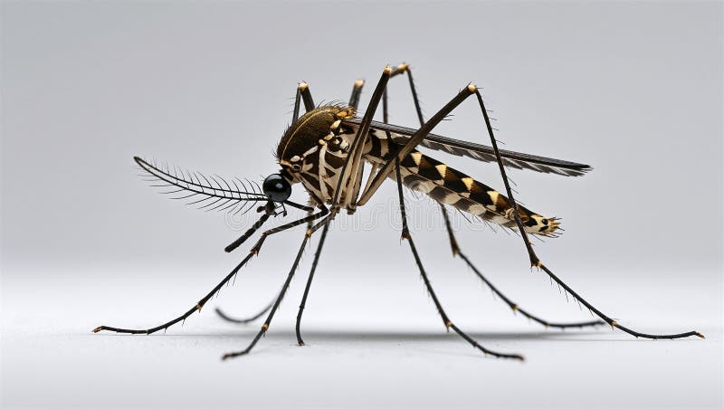 Vue latérale du moustique tigre avec jambes relevées et abdomen étendu isolé sur blanc illustration stock