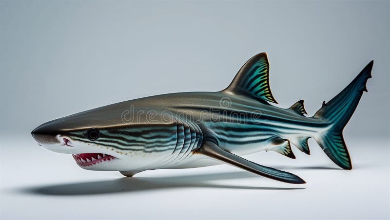 Vue latérale du requin gobelin dans une pose de nage détendue avec des nageoires fermées à la mâchoire visibles sur blanc illustration stock