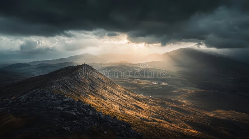 Vue majestueuse sur la montagne sous des nuages spectaculaires et la lumière illustration de vecteur