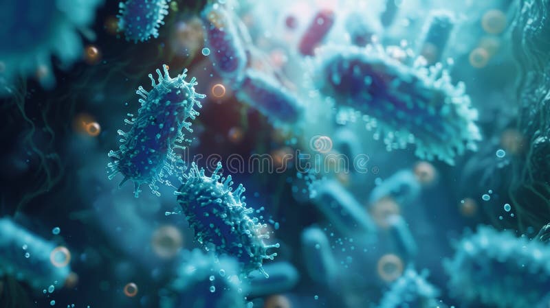 Vue microscopique des bactéries et des virus dans un liquide bleu. Cette image est une grande représentation du monde invisible de illustration libre de droits