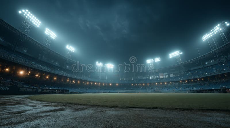 Vue nocturne dramatique d'un stade de baseball vide avec des projecteurs lumineux et un ciel sombre illustration libre de droits