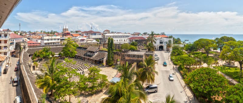 Panoramic view to the Old fort (Ngome Kongwe, Arab Fort) from the House of Wonders, Stone Town, Zanzibar, Tanzania. Panoramic view to the Old fort (Ngome Kongwe, Arab Fort) from the House of Wonders, Stone Town, Zanzibar, Tanzania