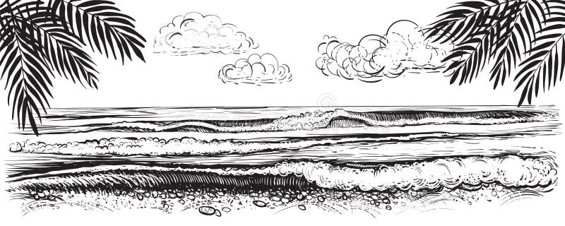 Vue panoramique de plage Illustration de vecteur des vagues d'océan ou de mer Tiré par la main illustration de vecteur Vue panoramique de plage Illustration de vecteur des vagues d'océan ou de mer Tiré par la main illustration de vecteur