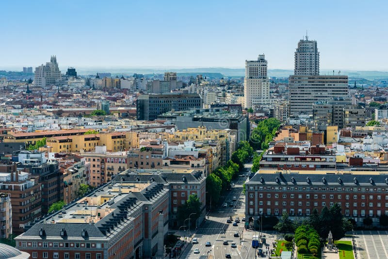 Panoramic view from a drone view of the city of Madrid in the area of Moncloa and Plaza Spain. Panoramic view from a drone view of the city of Madrid in the area of Moncloa and Plaza Spain