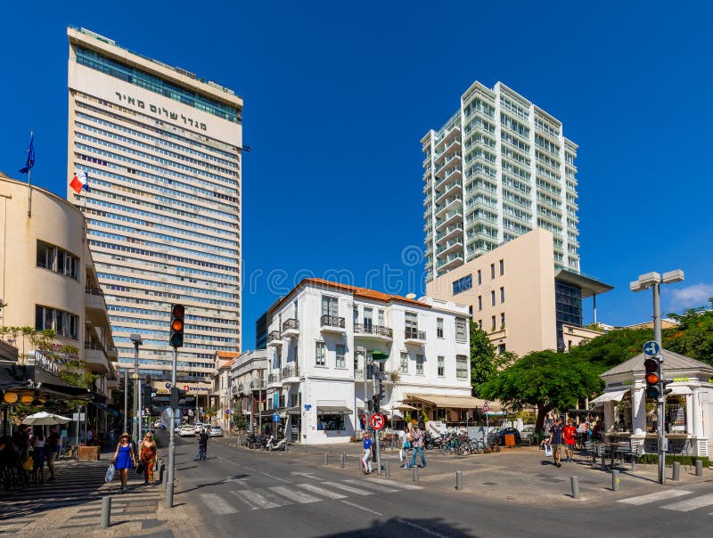 Tel Aviv Yafo, Gush Dan / Israel - 2017/10/11: Panoramic view of downtown Lev HaIr district with Shalom Meir Tower, business quarter skyscrapers near Rothschild and Herzl junction. Tel Aviv Yafo, Gush Dan / Israel - 2017/10/11: Panoramic view of downtown Lev HaIr district with Shalom Meir Tower, business quarter skyscrapers near Rothschild and Herzl junction